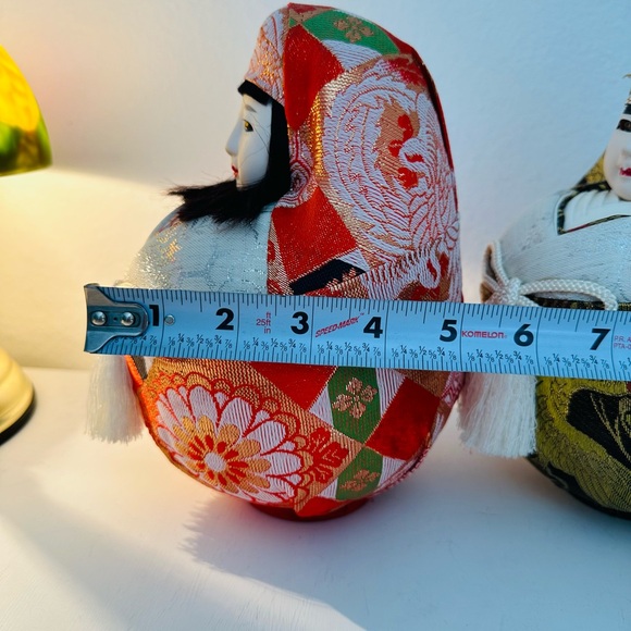 Vintage Japanese Dolls Daruma Hime Ningyo Pair Empress Jingu Handpainted  H 8.5” - Picture 9 of 9